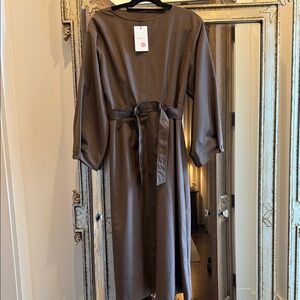 Soeur Linen-Blend Belted Midi Dress in Brown